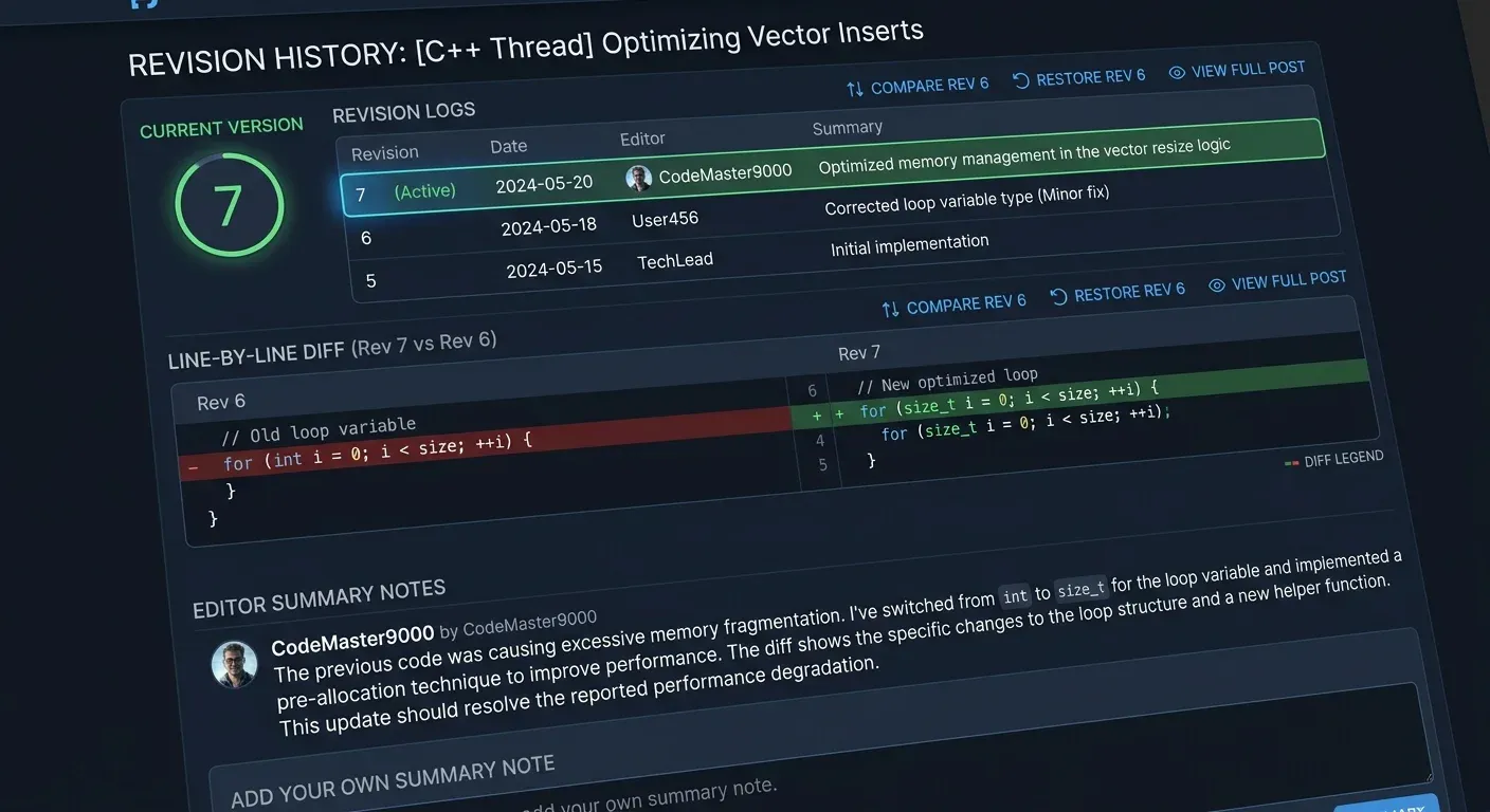 Detailed edit history interface displaying content revisions on a technical platform.