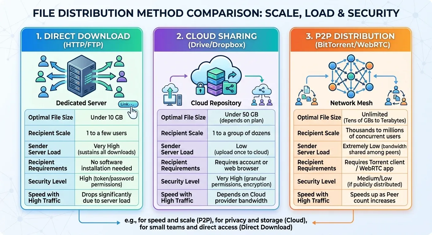 Comparison of pros and cons among Direct Download, Cloud Sharing, and P2P