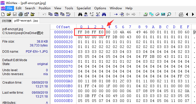WinHex showing the JPEG file signature FF D8 FF E0, used to verify whether a file’s internal format matches its extension.
