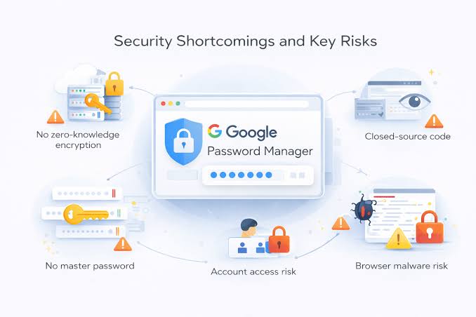 Illustration of Google Password Manager and security risks involving account access, browser malware, and password protection.
