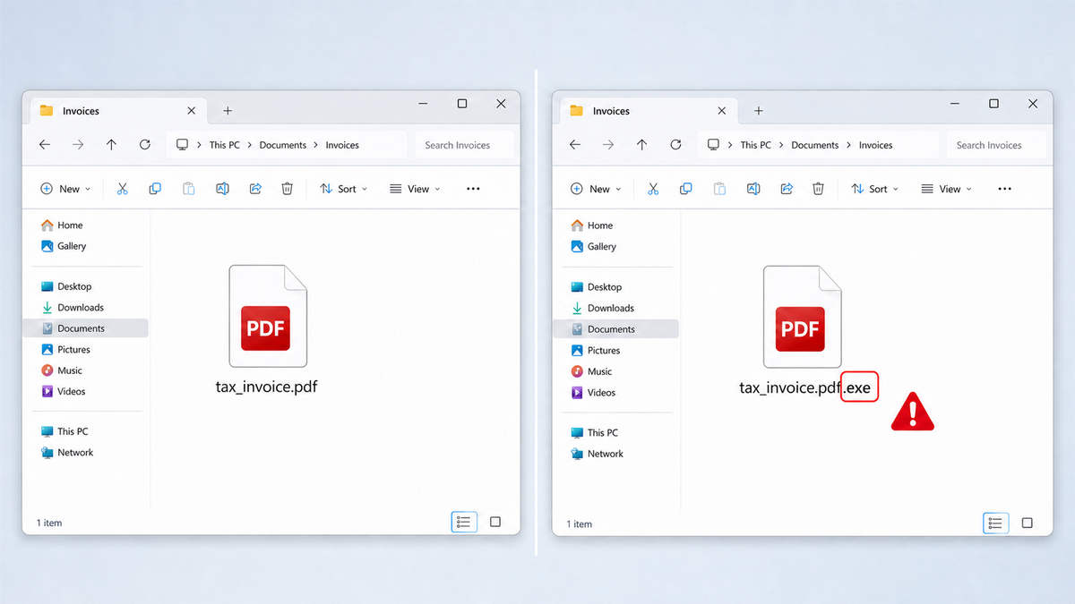 A file displayed as tax_invoice.pdf is revealed as tax_invoice.pdf.exe after full file extensions are enabled in Windows.