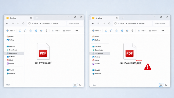 A file displayed as tax_invoice.pdf is revealed as tax_invoice.pdf.exe after full file extensions are enabled in Windows.