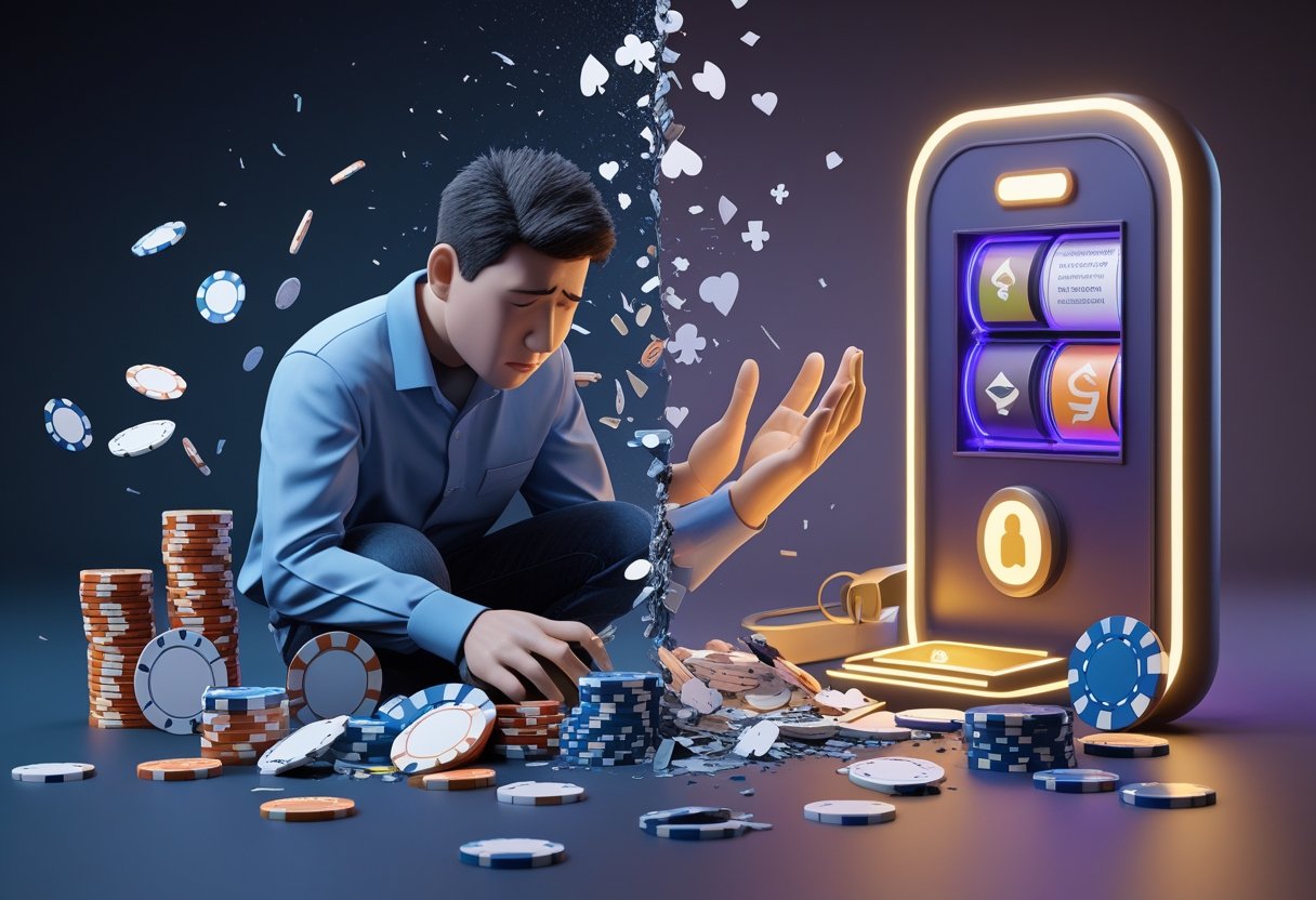 도박 피해를 상징하는 부서진 도박 도구와 슬퍼하는 사람, 그리고 예방책을 나타내는 도움의 손길과 교육 자료가 함께 있는 장면
