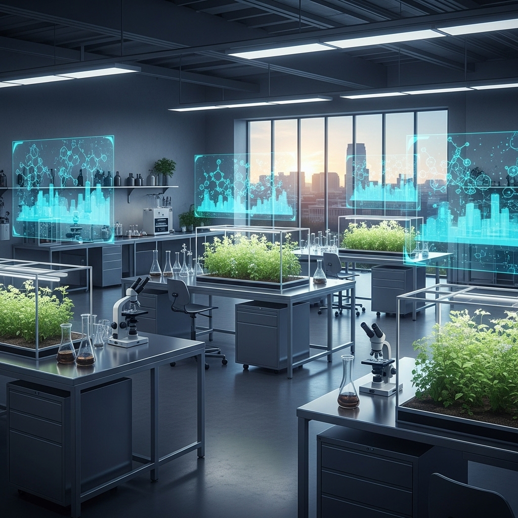 실험실의 푸른 빛 아래 데이터 그래프가 떠오르며 온카스터디의 신뢰를 닮은 질서가 피어나는 장면