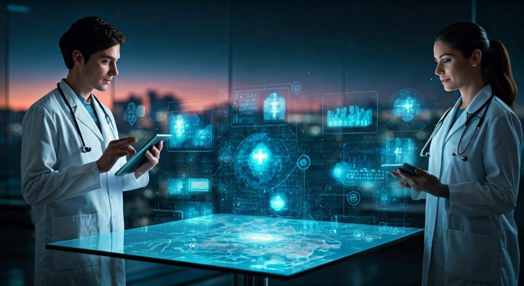 온카스터디 의료 홀로그램 분석: 의사들이 투명 테이블 위 건강 데이터와 차트 조작하는 장면.