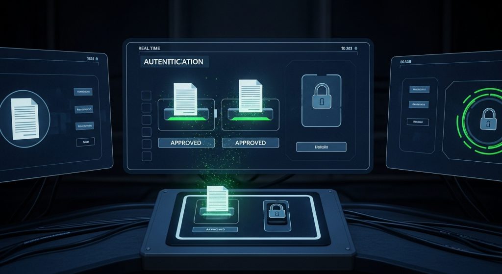 온카스터디 실시간 인증 시스템: APPROVED 문서와 잠금 아이콘 표시된 미래형 인터페이스.