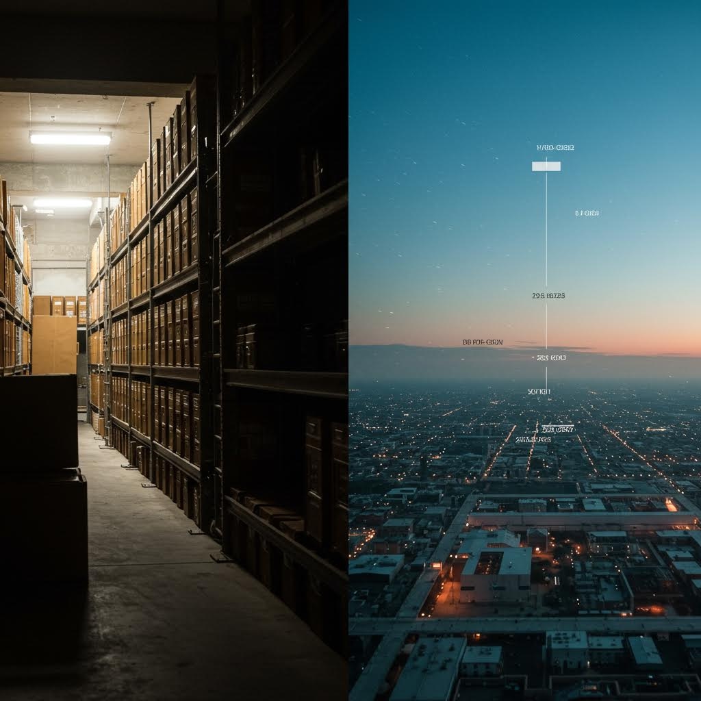 온카스터디 데이터 저장소: 전통 서고와 도시 야경 위 디지털 타임라인 대조 이미지.
