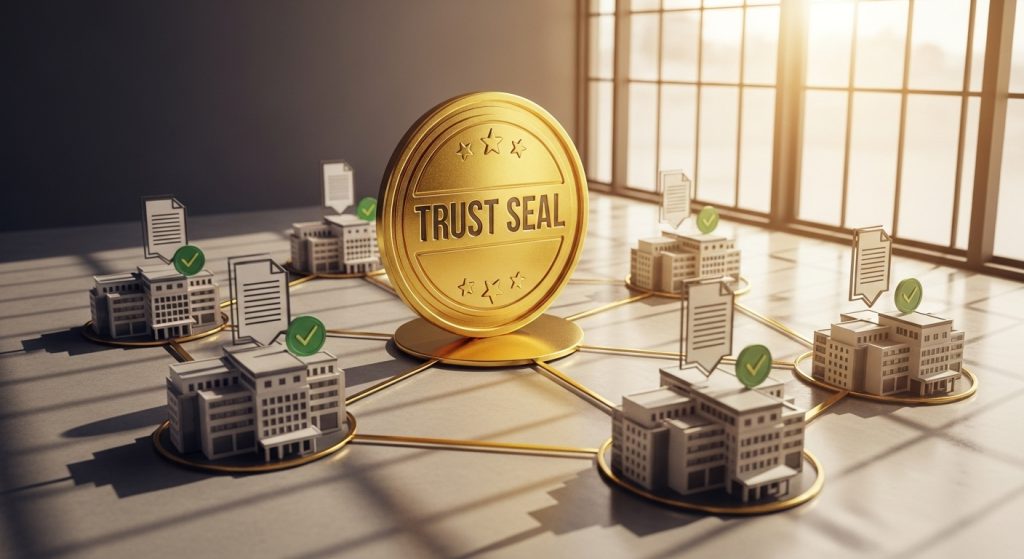 햇살 비치는 회의실 테이블 중앙에 황금색 'TRUST SEAL' 메달, 주변 6개 빌딩 미니어처와 서류가 체크 표시와 함께 방사형으로 연결된 신뢰 인증 네트워크.
