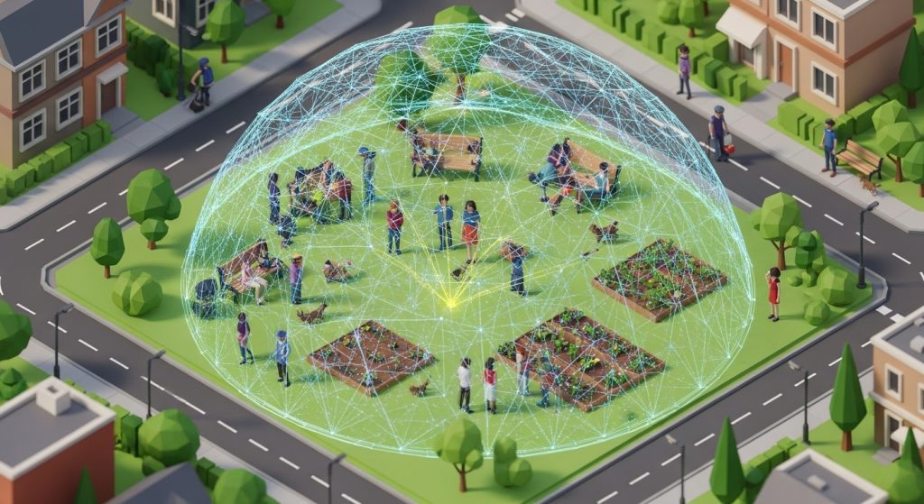 디지털 네트워크 돔 안에서 사람들이 정원 활동을 하는 스마트 커뮤니티 장면