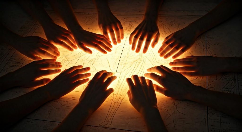 따뜻한 빛을 중심으로 여러 손이 모여 있는 협력과 신뢰의 상징적 장면
