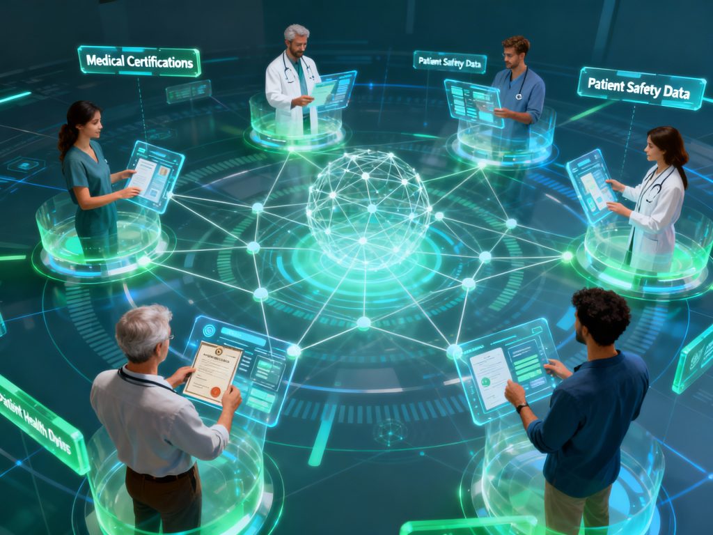 온카스터디 헬스케어 네트워크에서 의료진이 환자 안전 데이터와 인증 정보를 교환하는 협업 장면