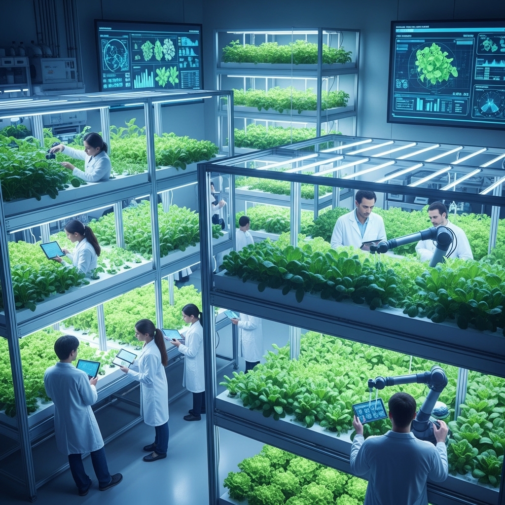 실내 농장에서 과학자들이 데이터와 식물을 함께 다루며 기술과 자연이 조화를 이루는 장면