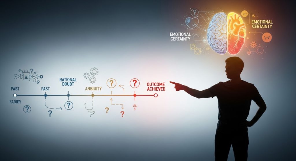 의사결정 과정 타임라인. 실루엣이 타임라인을 가리키며, 과거-합리적 의심-모호함-결과 달성 단계가 표시됨. 우측 상단에 뇌-심장 이중 구조와 '감정적 확실성' 라벨