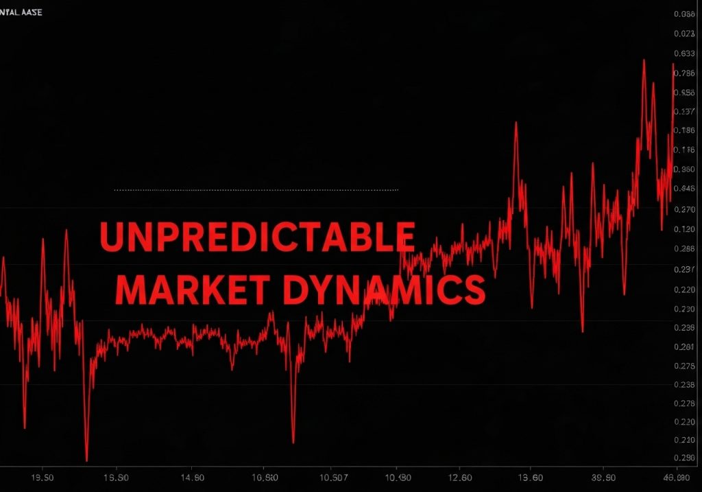 검정 배경에 빨간 불규칙 심박 그래프, 도박 시장의 예측 불가능성을 강조한 차트 이미지, 제목 UNPREDICTABLE MARKET DYNAMICS