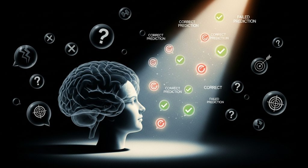 AI 예측 시스템 개념도. 뇌를 가진 인간 머리 프로필에서 예측 결과들(체크마크, 타겟, 물음표 아이콘)이 쏟아져 나오며, 성공과 실패한 예측을 시각화