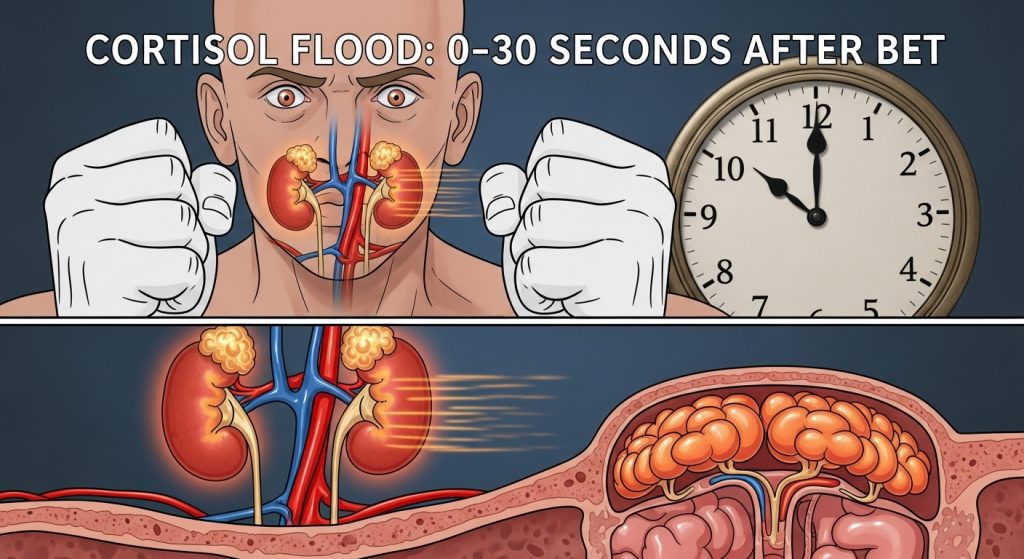 베팅 후 0~30초 안에 코르티솔(Cortisol)이 급증하는 과정, 신장에서 뇌로 스트레스 호르몬 폭주를 보여주는 상하 2단계 의학 일러스트, CORTISOL FLOOD: 0-30 SECONDS AFTER BET