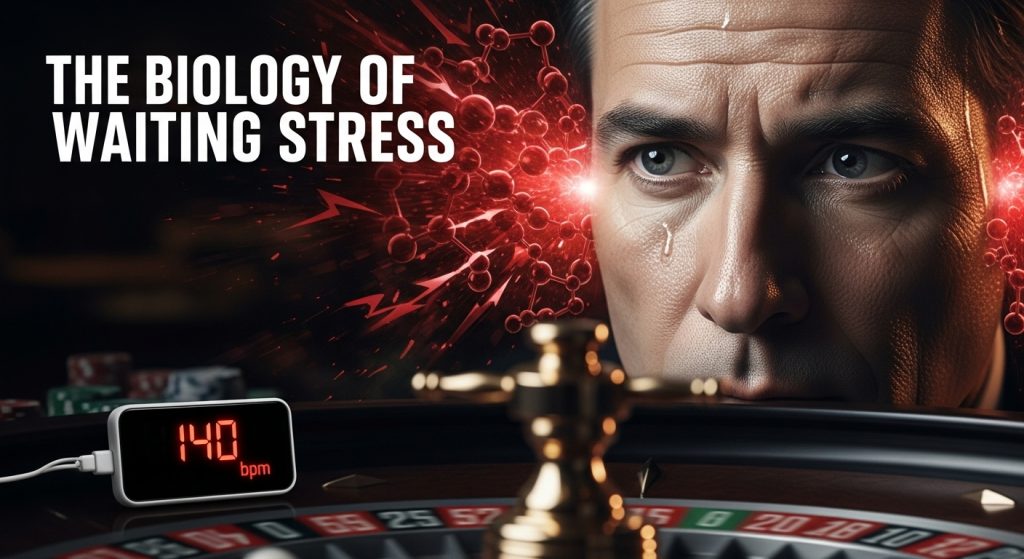 룰렛 앞에서 심박수 140bpm 측정 중인 긴장한 남성 얼굴 클로즈업, 붉은 신경세포 폭발 이펙트와 함께 대기 스트레스의 생물학 설명, THE BIOLOGY OF WAITING STRESS