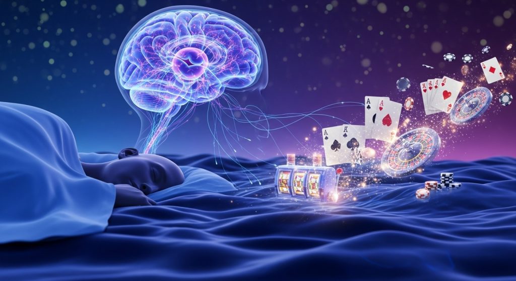 도박 꿈 시각화. 파란 실크 시트 위 누운 사람의 빛나는 뇌에서 에이스 카드, 슬롯머신, 룰렛, 칩들이 보라 입자와 함께 솟아오름