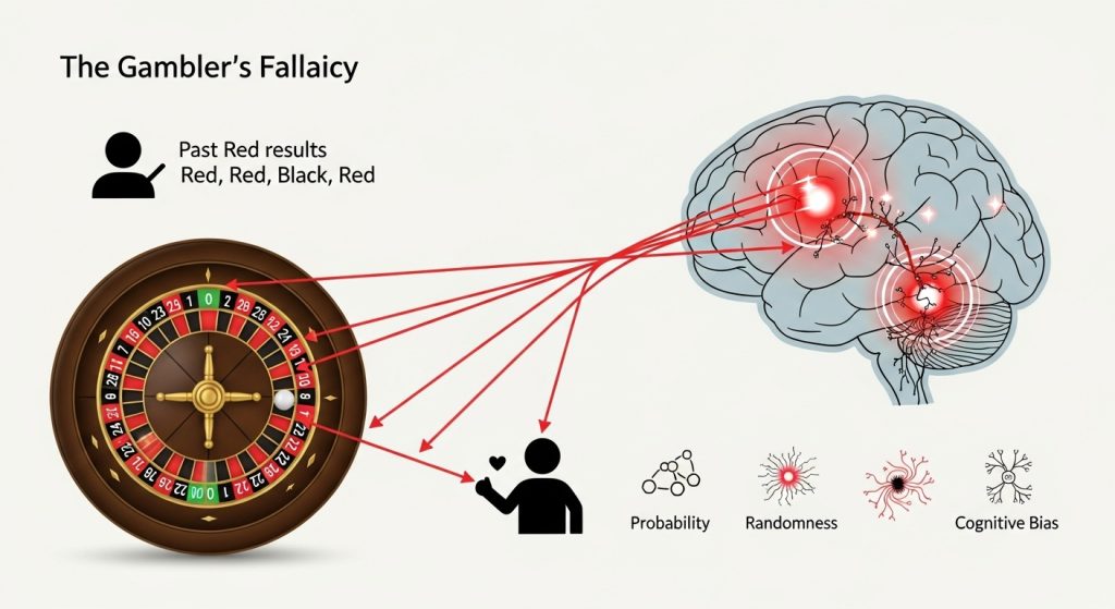 도박사의 오류 설명 다이어그램. 룰렛 휠에서 뇌로 빨간 선이 연결되고, '과거 빨강 결과' 패턴이 확률, 무작위성, 인지 편향으로 이어짐