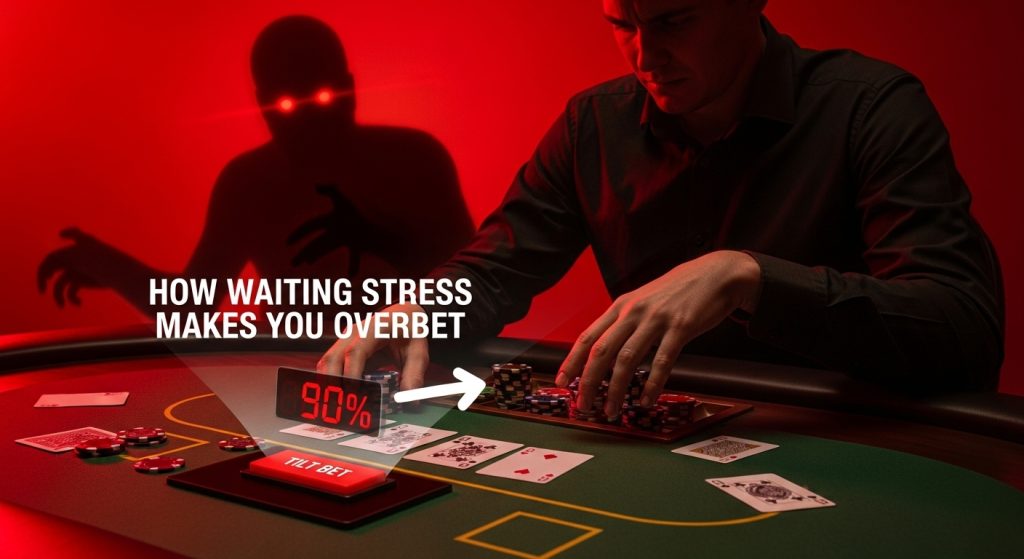 포커 테이블에서 과도한 베팅(Tilt Bet)을 하는 남성 뒤에 빨간 눈의 악마 같은 그림자, 대기 스트레스가 오버베팅을 유도하는 심리 현상 이미지, HOW WAITING STRESS MAKES YOU OVERBET