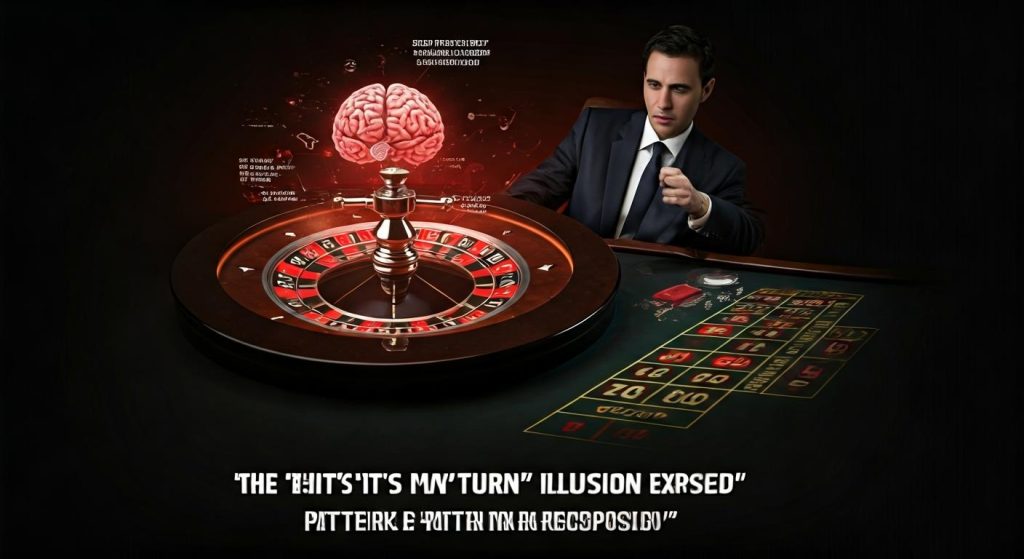 룰렛 테이블 앞에 앉아 뇌 스캔 홀로그램을 보는 남성, "이번엔 내 차례야" 착각(The 'It's My Turn' Illusion)을 과학적으로 설명한 어두운 분위기 이미지