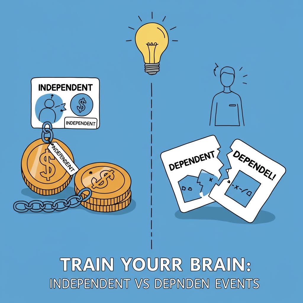 독립 사건(Independent Events)을 뇌에 훈련하라는 메시지, 왼쪽은 돈에 쇠사슬로 묶인 INDEPENDENT 코인, 오른쪽은 찢어진 DEPENDENT 카드와 깨달음을 상징하는 전구 일러스트, TRAIN YOUR BRAIN: INDEPENDENT VS DEPENDENT EVENTS