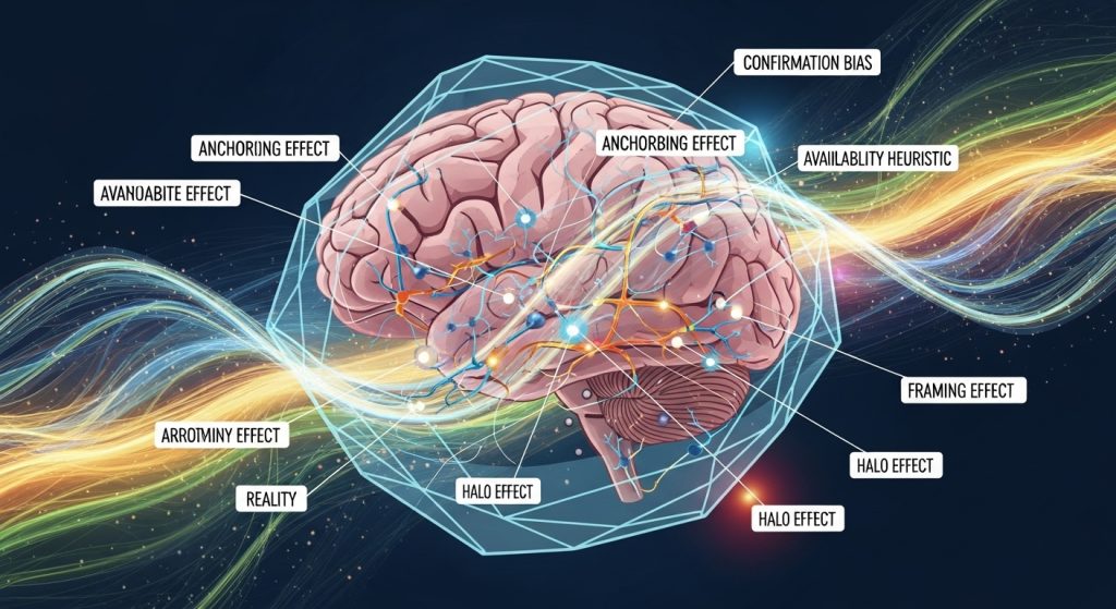 인지 편향 뇌 다이어그램. 뇌가 청록 지오메트릭 프레임에 둘러싸여 있고, 확증 편향, 앵커링 효과, 가용성 휴리스틱 등 9개 편향이 라벨로 표시됨