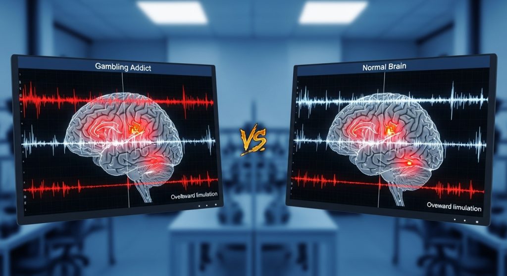도박 중독자와 정상 뇌 비교 스캔. 두 개 모니터에 뇌 이미지와 뇌파가 표시되며, 중앙에 'VS' 표시. 과도한 자극 영역이 빨강으로 강조됨