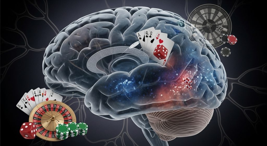 도박과 뇌 활동. 반투명한 뇌 주변에 카드, 주사위, 룰렛, 칩 등 도박 요소들이 배치되고, 파랑-빨강 신경 활성화 영역이 빛남