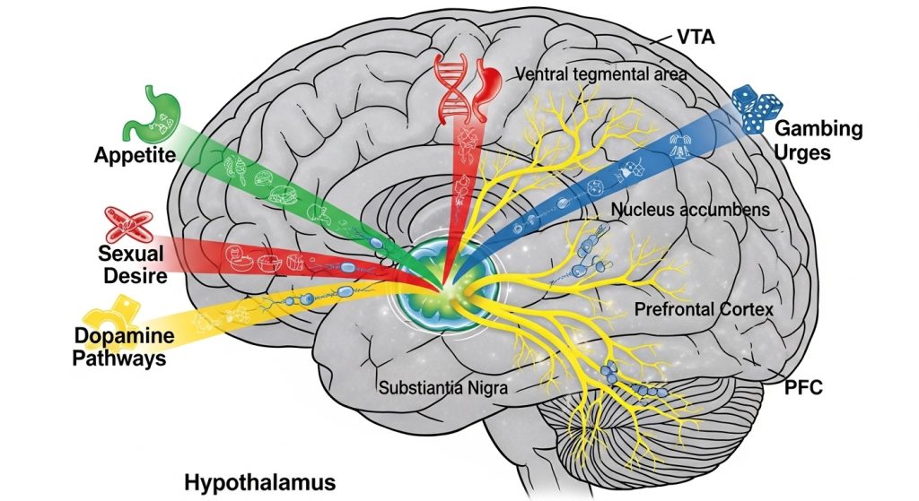 도박 충동과 관련된 뇌 신경 경로 다이어그램. 식욕, 성욕, 도파민 경로, 도박 충동이 색상별로 구분되어 VTA, 측좌핵, 전두엽 피질 등을 연결