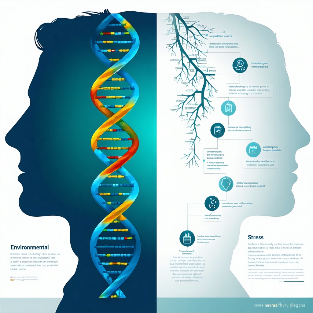 사람 옆모습 안에 DNA 나선과 환경적 스트레스 요인들이 표시된 신경학적 다이어그램