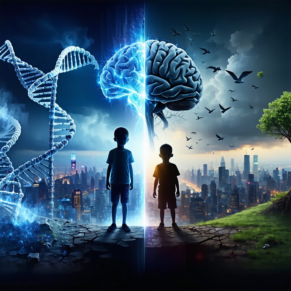 DNA와 뇌 이미지가 떠 있는 하늘 아래 도시를 바라보는 두 아이의 자연 대 양육 이원론 표현