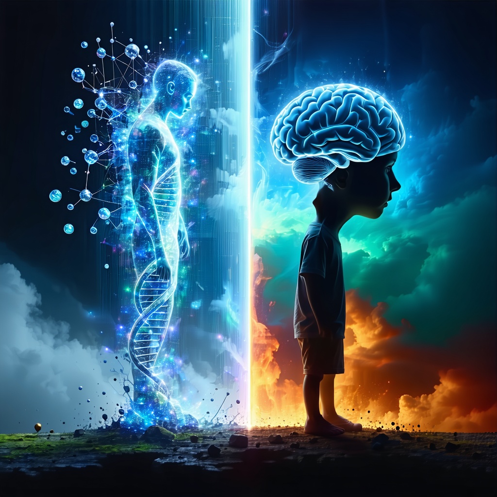 DNA 나선과 분자 구조를 배경으로 뇌가 빛나는 아이의 실루엣이 선 유전적 요인 개념 이미지