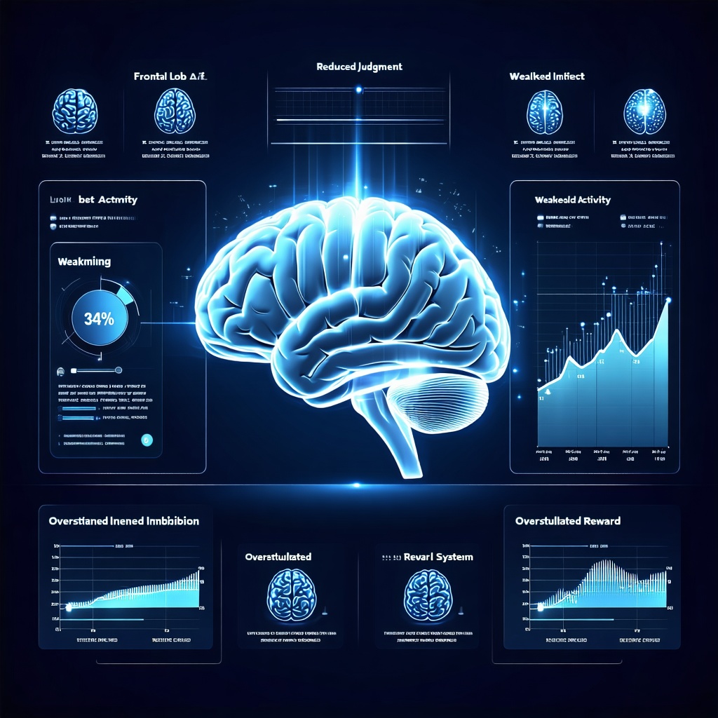전두엽 활동, 판단력 감소, 보상 시스템 과자극 등 도박 중독이 뇌에 미치는 영향을 보여주는 신경과학 인포그래픽