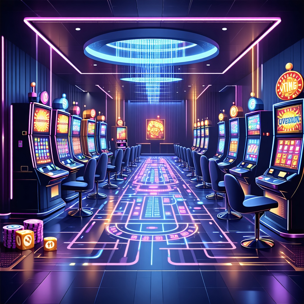 네온 조명과 원형 천장 아래 양쪽에 슬롯머신이 늘어선 미래형 카지노 홀의 화려한 내부
