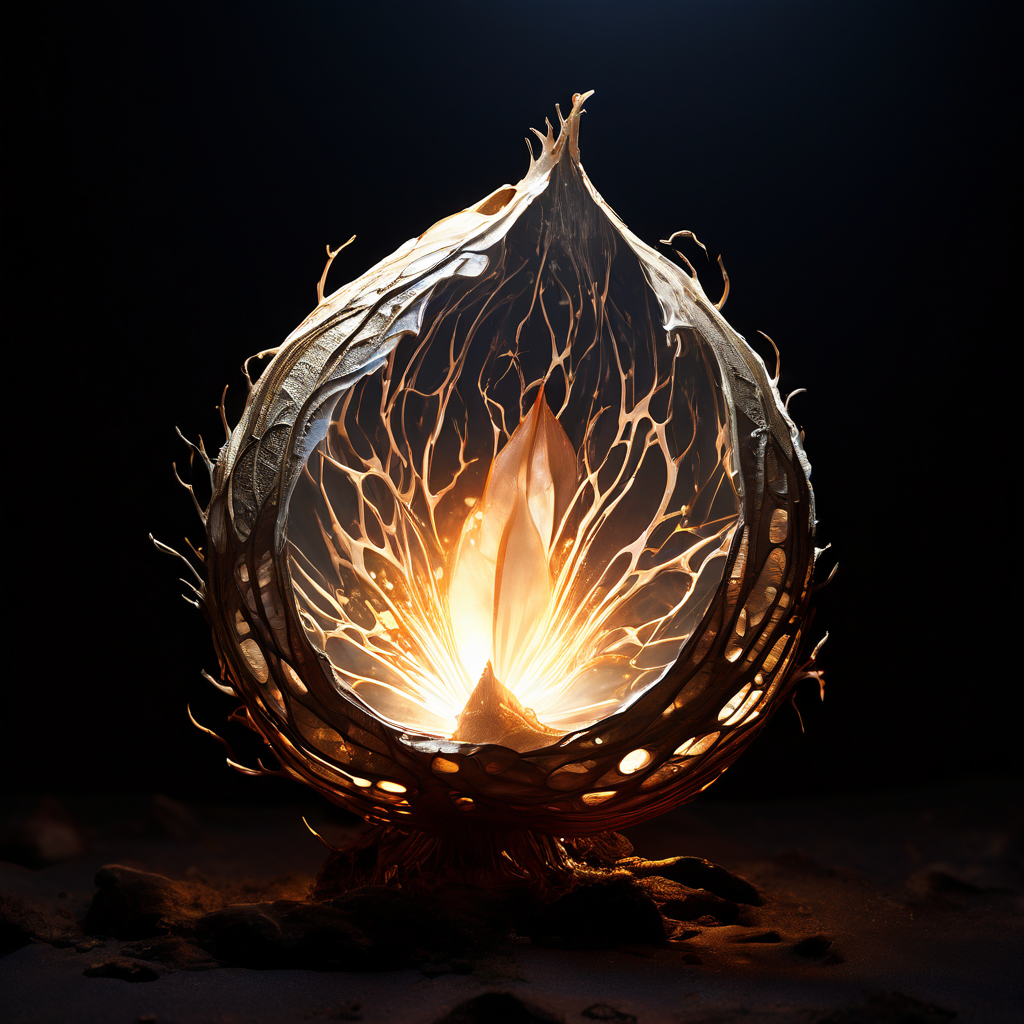 표면적인 껍질과 이름이 벗겨져 본질적인 핵심이 드러나는 빛나는 씨앗이 개념적인 공간에 떠 있는 모습을 상징적으로 표현한 이미지입니다.