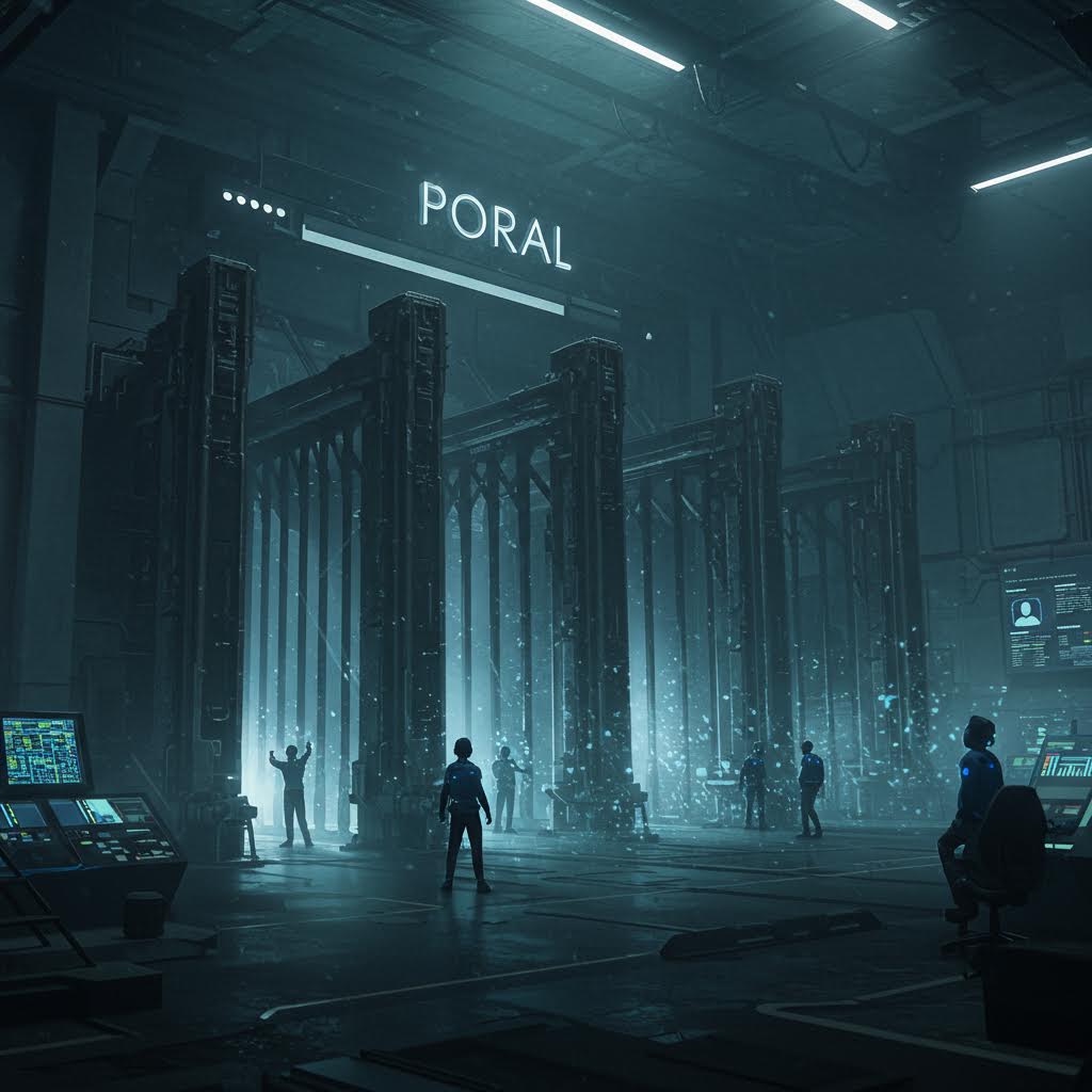 SF 시설 내 거대한 포털 게이트, 사이버펑크 분위기.