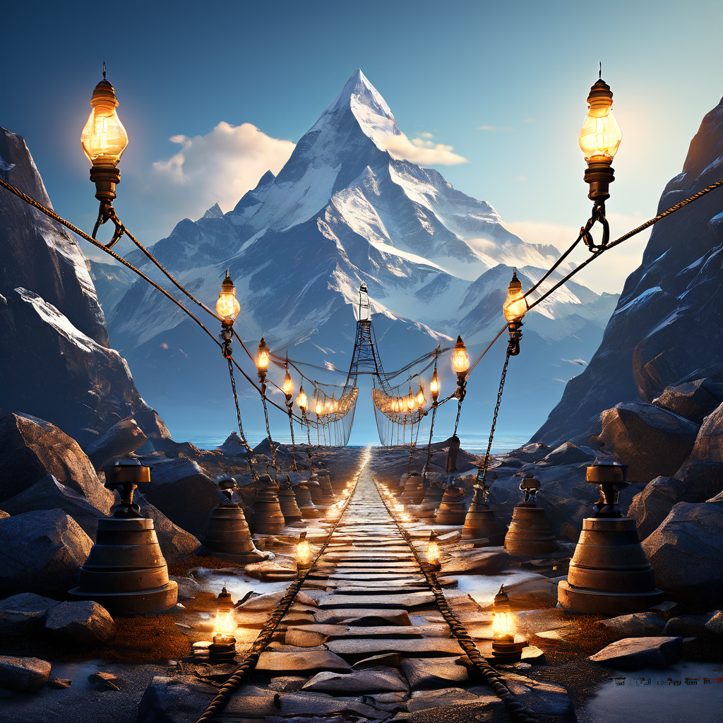 균형을 맞춘 저울 한쪽에는 아이디어를 상징하는 전구가, 다른 쪽에는 무게를 상징하는 닻이 올려져 있고, 배경에는 도전적인 높은 산봉우리를 향해 뻗은 길이 펼쳐진 이미지입니다.