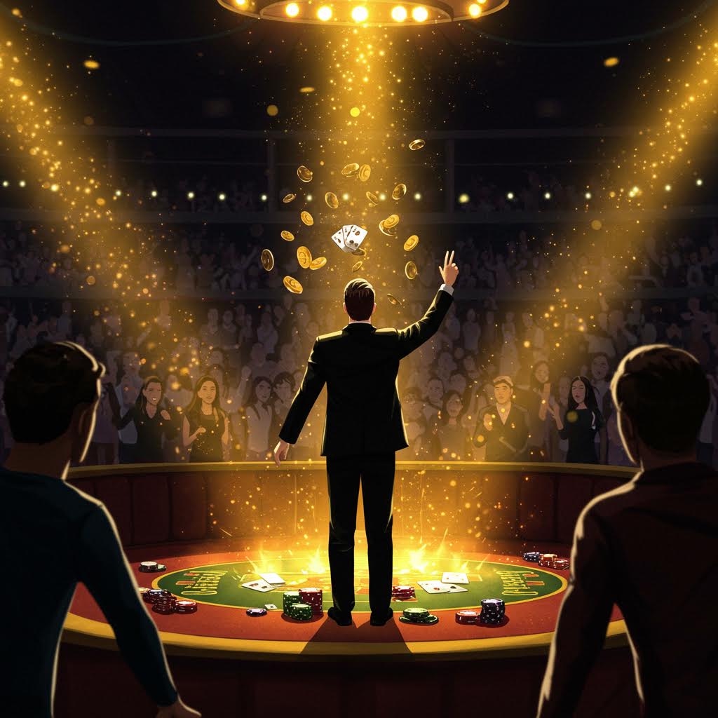 카지노 대박 승리 순간, 금화 쏟아지며 환호하는 관중.