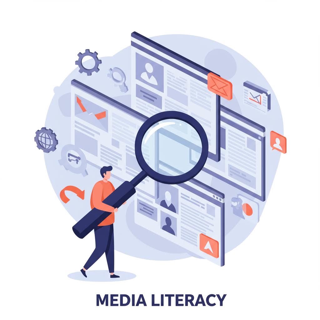 미디어 리터러시 개념, 돋보기로 콘텐츠 분석하는 사람.