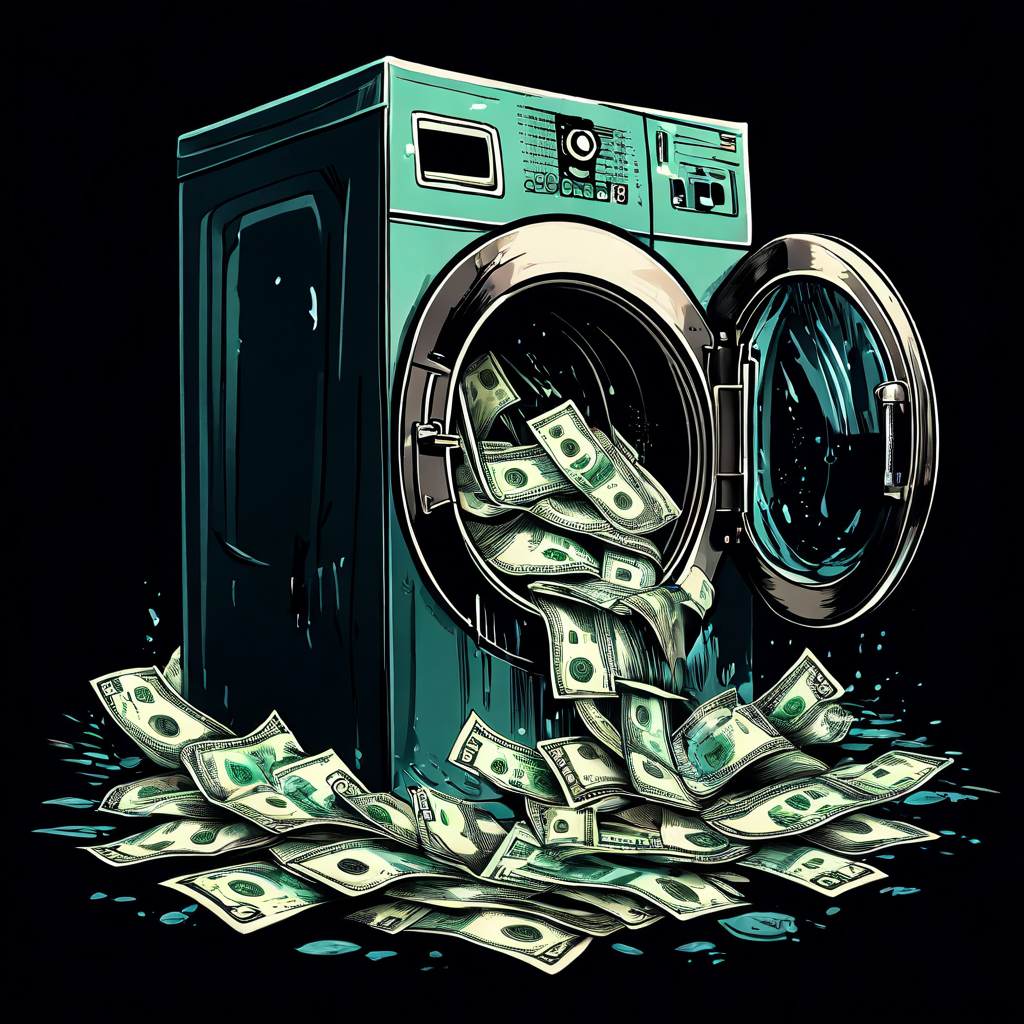 불법 자금이 세탁기를 통해 깨끗한 합법 지폐로 변모하는 과정을 상징적으로 표현한 일러스트로, 돈세탁의 개념을 시각적으로 설명합니다.