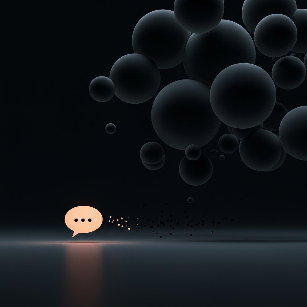 어둠 속 외로운 말풍선과 검은 구체들, 에코챔버 또는 침묵 개념