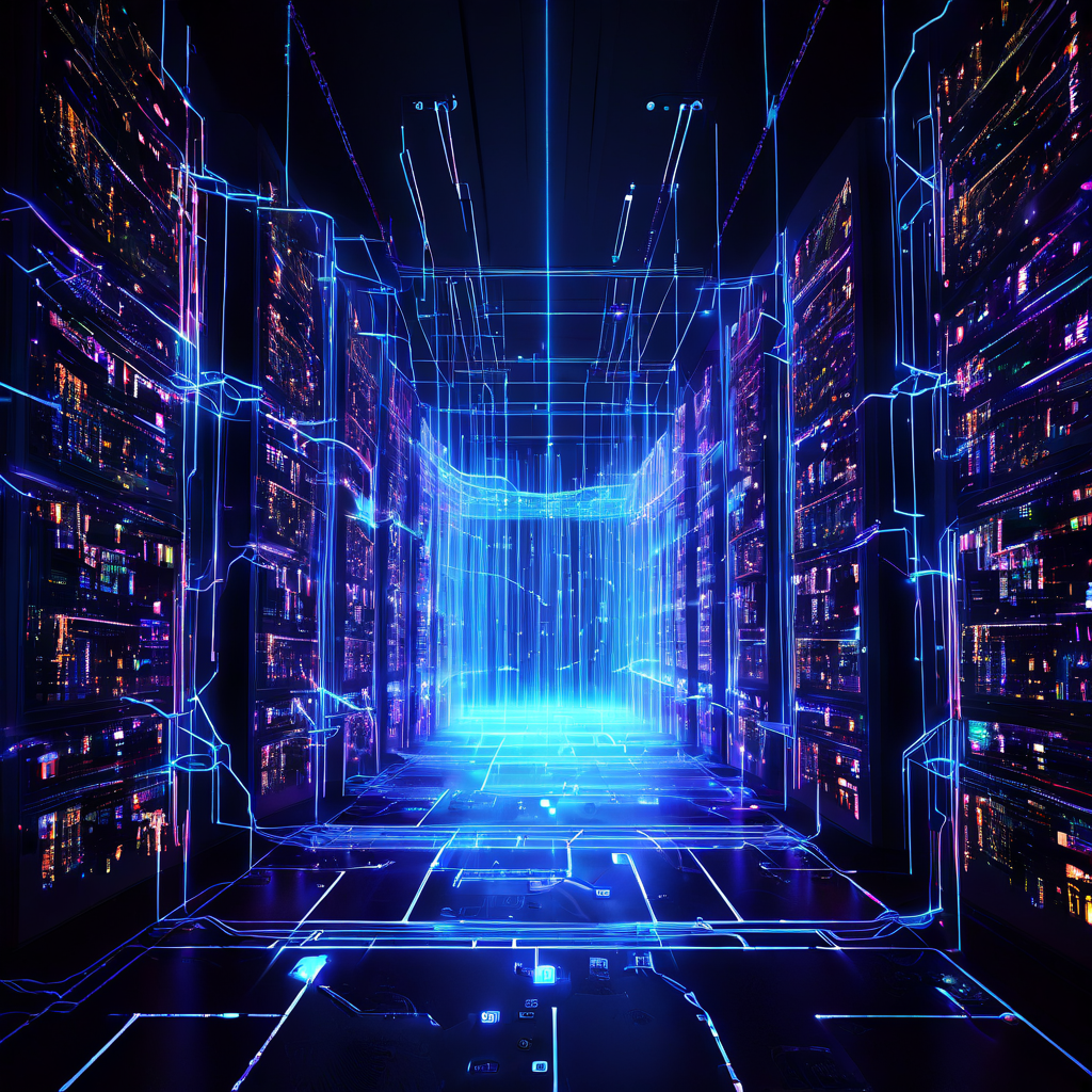 사이버 공간에서 복잡한 서버와 블록체인 노드 네트워크를 통해 세탁되며, 어두운 데이터 스트림에 오염된 빛나는 디지털 자금 흐름을 상징적으로 표현한 이미지입니다.