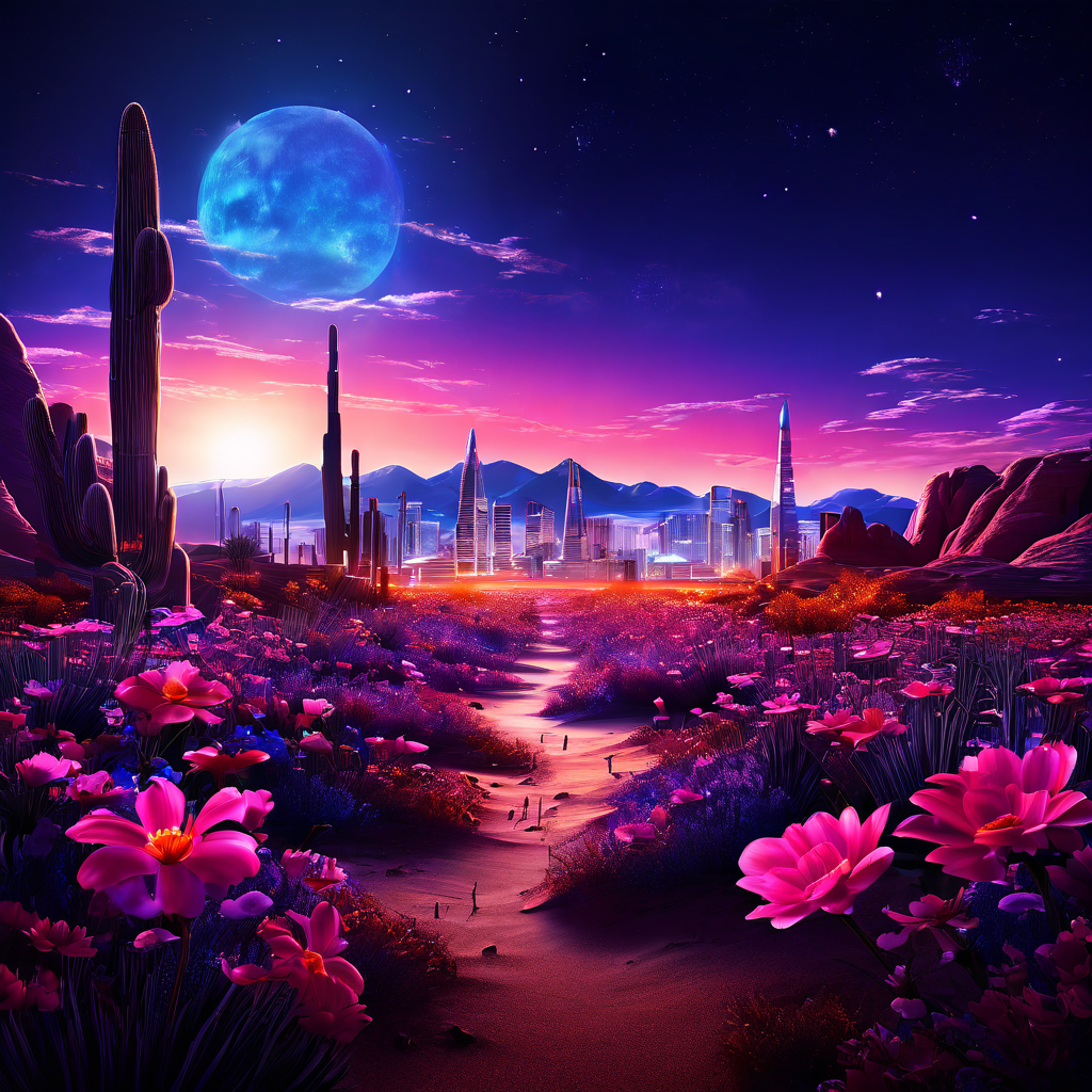 황혼의 사막 위로 초현실적인 분위기의 라스베가스가 솟아오르고 모래 속에서 네온 빛 꽃들이 피어나는 꿈과 같은 환상적 풍경을 담은 이미지입니다.