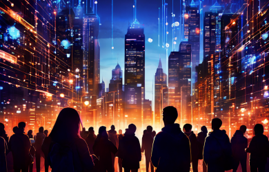 빛나는 데이터 흐름으로 이루어진 도시를 바라보는 거대한 디지털 눈동자와, 개인 정보 네트워크에 둘러싸인 시민들의 투명한 실루엣이 디지털 감시와 프라이버시 문제를 상징적으로 표현한 이미지입니다.
