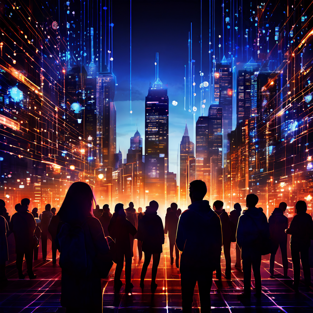 빛나는 데이터 흐름으로 이루어진 도시를 바라보는 거대한 디지털 눈동자와, 개인 정보 네트워크에 둘러싸인 시민들의 투명한 실루엣이 디지털 감시와 프라이버시 문제를 상징적으로 표현한 이미지입니다.