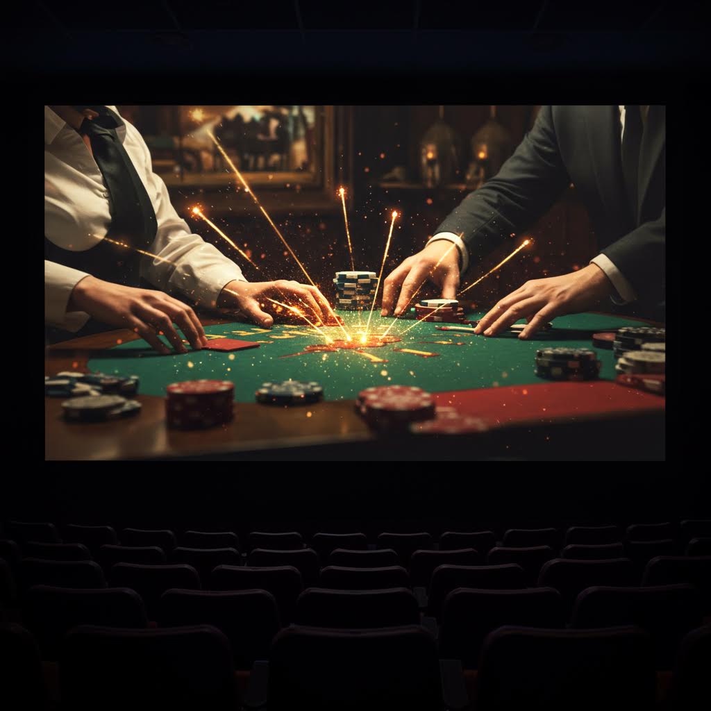 영화관에서 상영되는 포커 테이블 클로즈업, 불꽃 튀는 승부