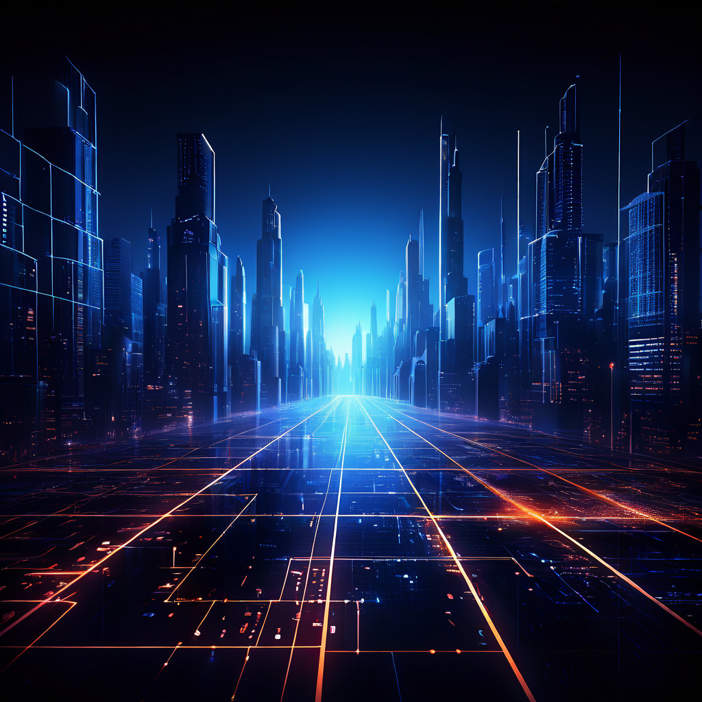 투명한 도시 도로 아래에 위치한 거대한 지하 도시의 규모를 추정하는 개념적 3D 그래프가 빛나는 선으로 표현된 이미지입니다.