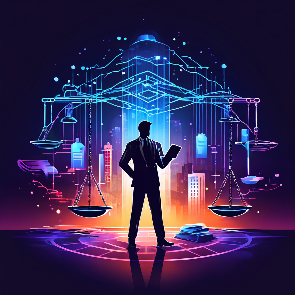 사용자로부터 흐르는 데이터 패킷이 그림자 같은 중개자에게 전달되고 전경에는 법정 저울과 법관용 망치가 나타나는 모습을 통해 데이터 거래의 법적 쟁점을 상징적으로 묘사한 일러스트입니다.