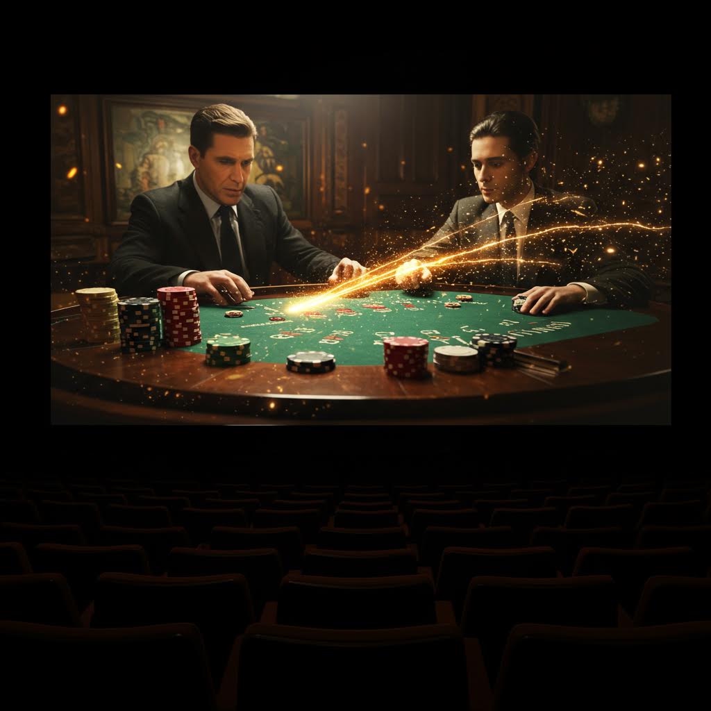 영화관 스크린 속 두 남자의 긴장감 넘치는 카지노 대결 장면